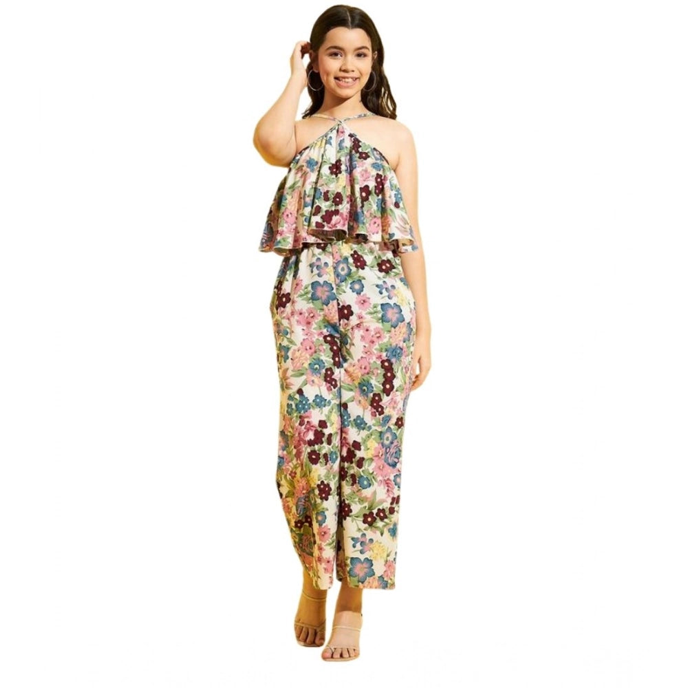HD Girl's Polyester Crepe Floral Sleeveless Jumpsuit (Multicolor)