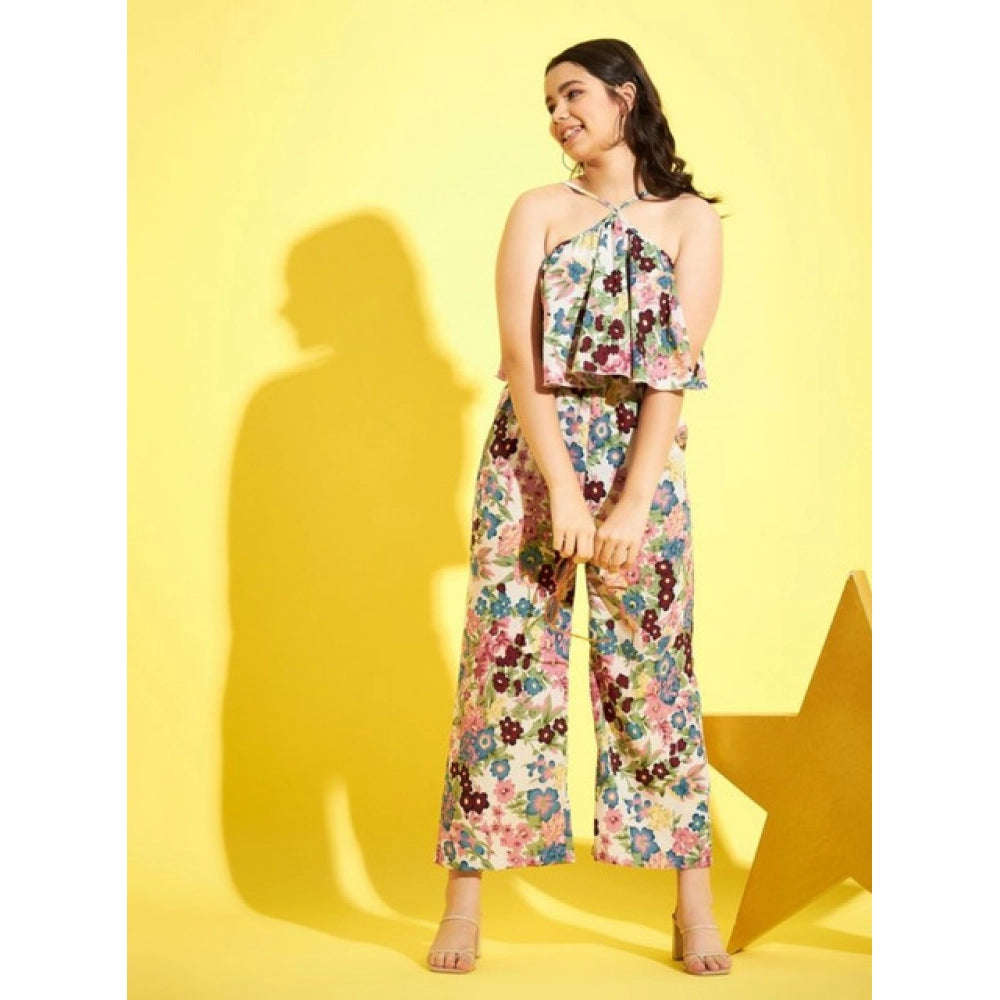 HD Girl's Polyester Crepe Floral Sleeveless Jumpsuit (Multicolor)