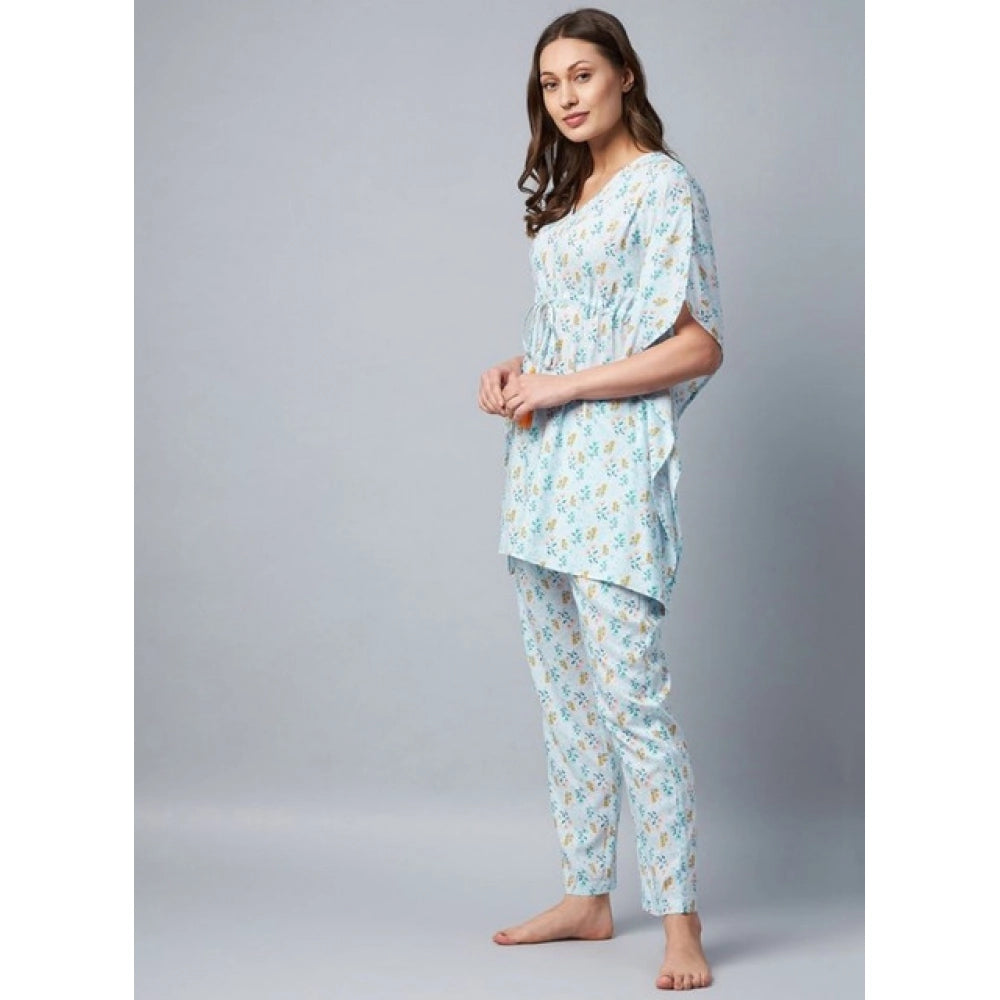 HD Women's Rayon Floral Kaftan Sleeve Kaftan Sets (Light Blue)