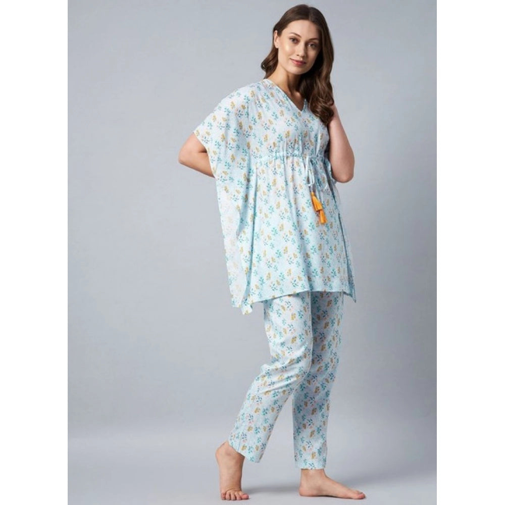 HD Women's Rayon Floral Kaftan Sleeve Kaftan Sets (Light Blue)