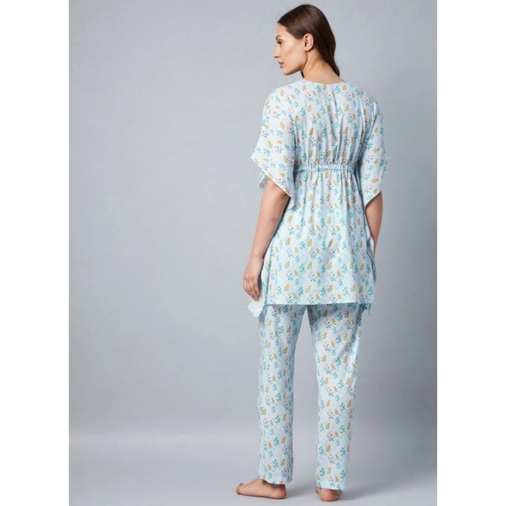HD Women's Rayon Floral Kaftan Sleeve Kaftan Sets (Light Blue)