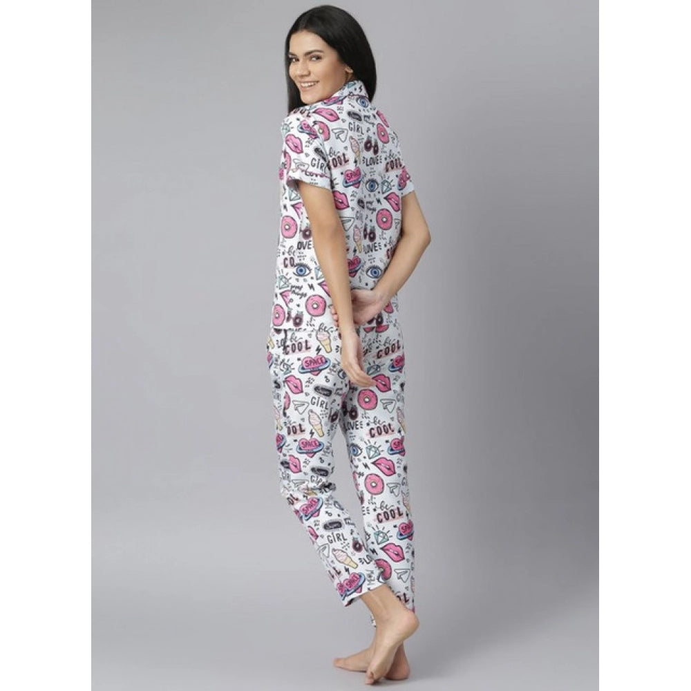HD Women's Cotton Blend Printed Short Sleeve Night Suit (Multicolor)