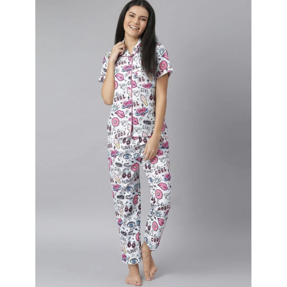 HD Women's Cotton Blend Printed Short Sleeve Night Suit (Multicolor)