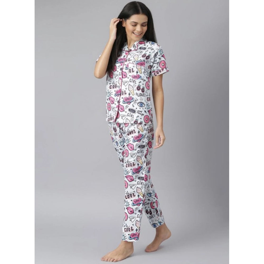 HD Women's Cotton Blend Printed Short Sleeve Night Suit (Multicolor)