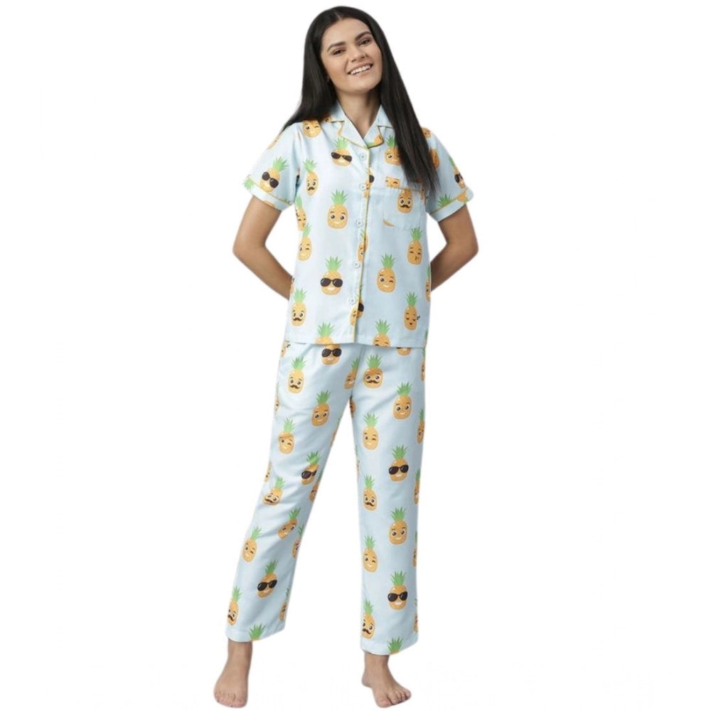 HD Women's Cotton Blend Printed Short Sleeve Night Suit (Blue-Yellow)