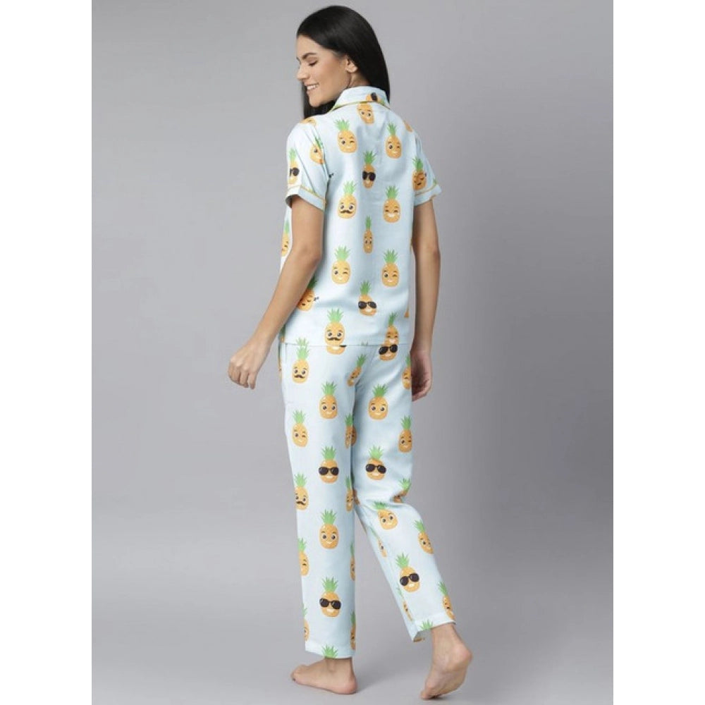 HD Women's Cotton Blend Printed Short Sleeve Night Suit (Blue-Yellow)