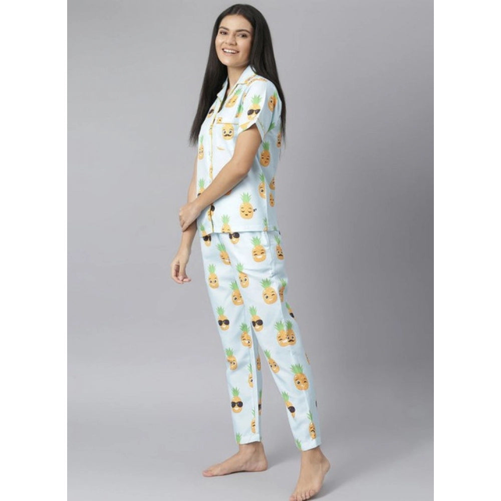 HD Women's Cotton Blend Printed Short Sleeve Night Suit (Blue-Yellow)