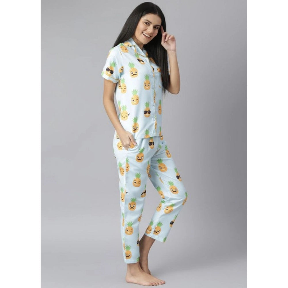 HD Women's Cotton Blend Printed Short Sleeve Night Suit (Blue-Yellow)