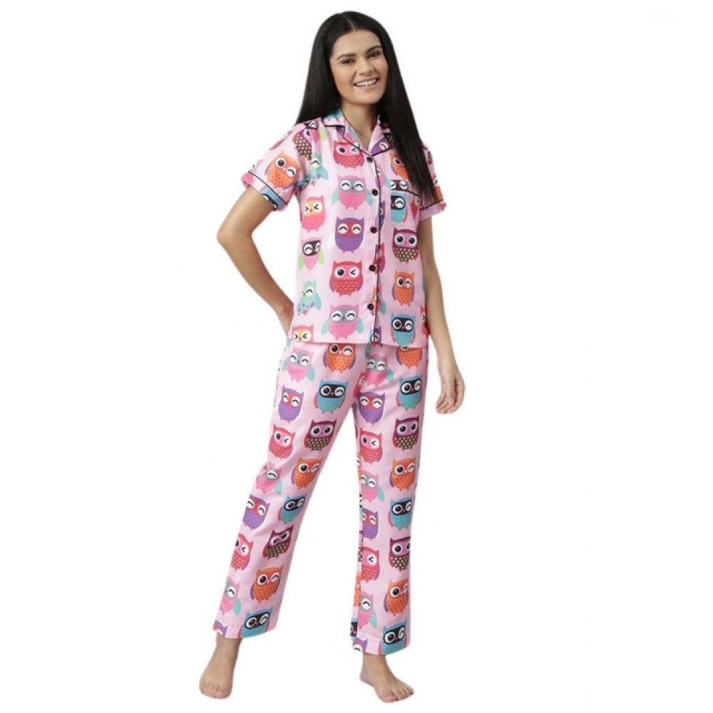 HD Women's Cotton Blend Printed Short Sleeve Night Suit (Pink)