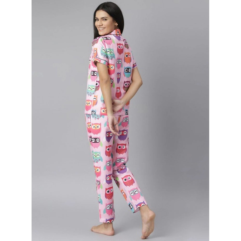 HD Women's Cotton Blend Printed Short Sleeve Night Suit (Pink)