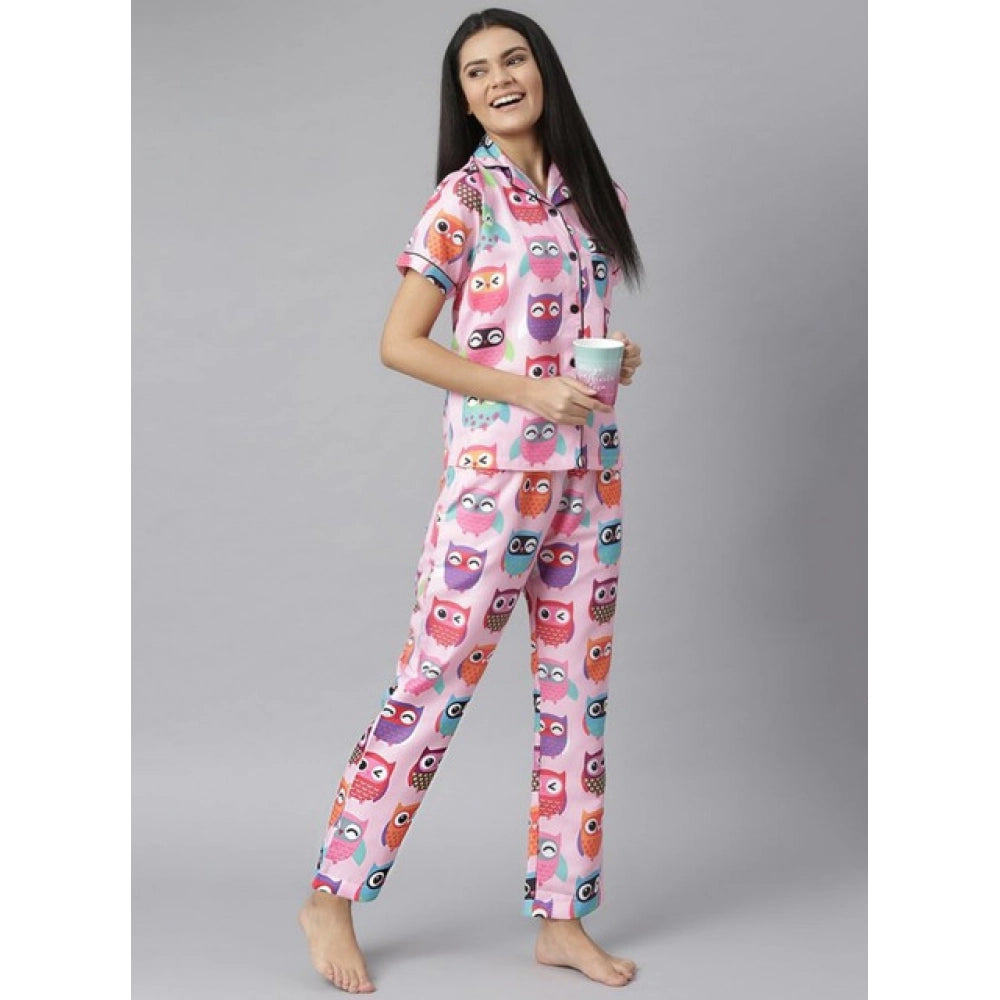HD Women's Cotton Blend Printed Short Sleeve Night Suit (Pink)