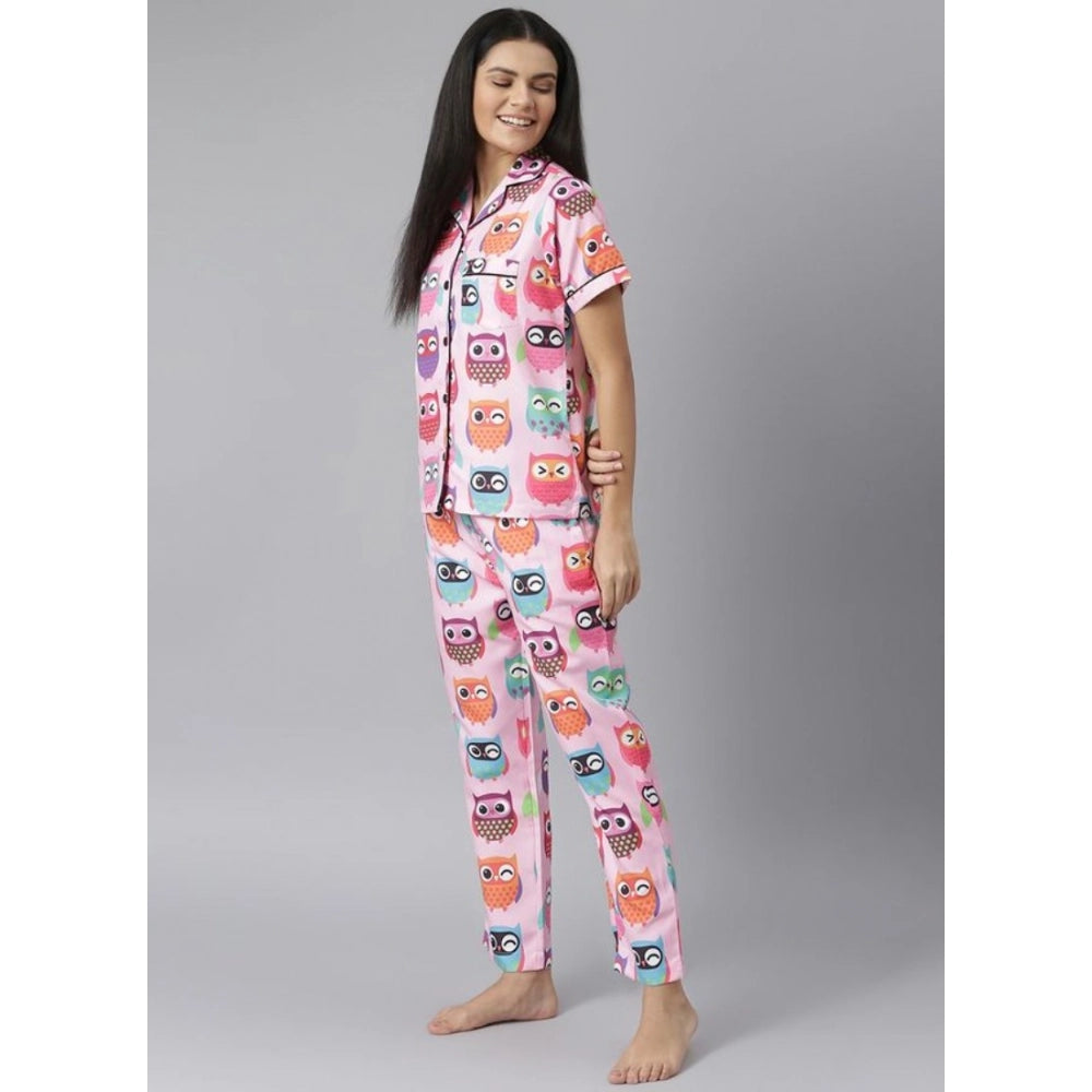 HD Women's Cotton Blend Printed Short Sleeve Night Suit (Pink)