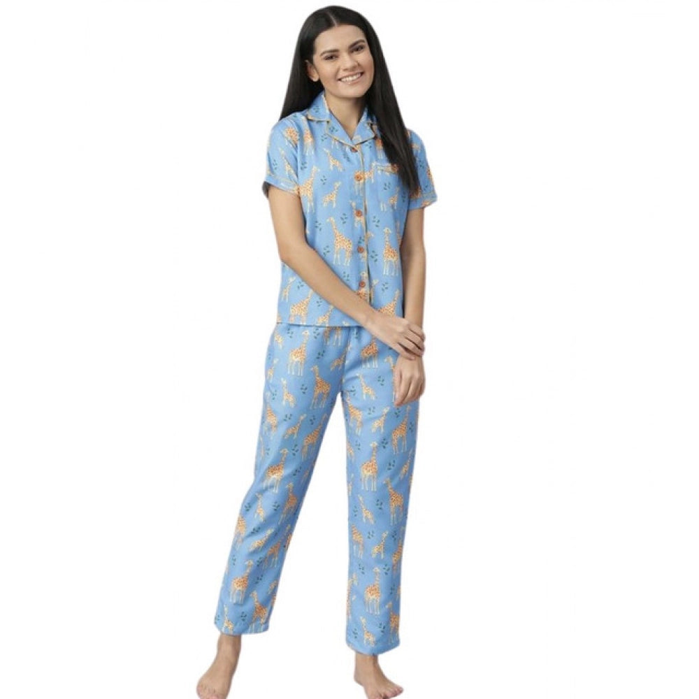 HD Women's Cotton Blend Printed Short Sleeve Night Suit (Blue)