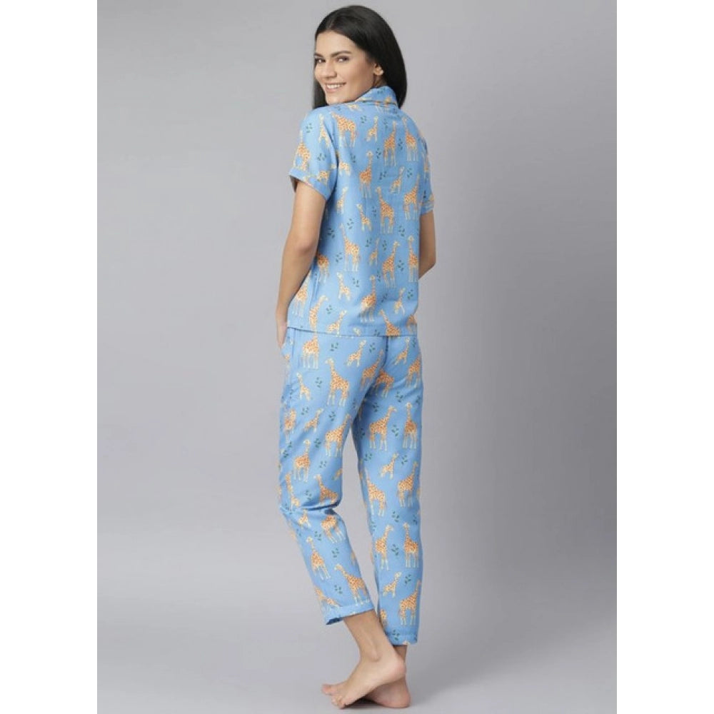 HD Women's Cotton Blend Printed Short Sleeve Night Suit (Blue)