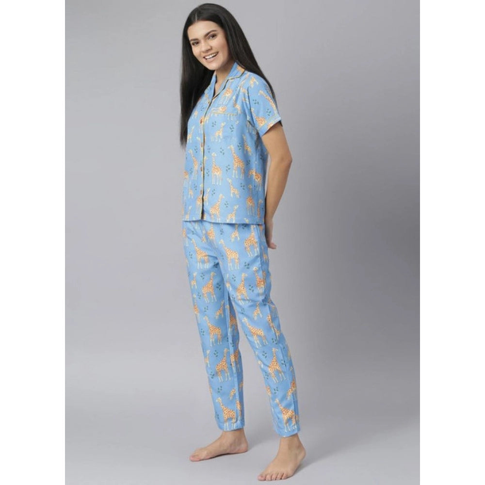 HD Women's Cotton Blend Printed Short Sleeve Night Suit (Blue)