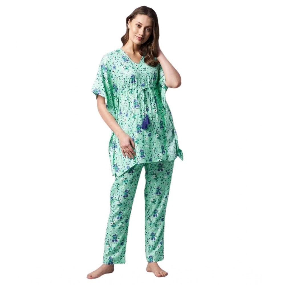 HD Women's Rayon Floral Kaftan Sleeve Night Suit (Green - Blue)