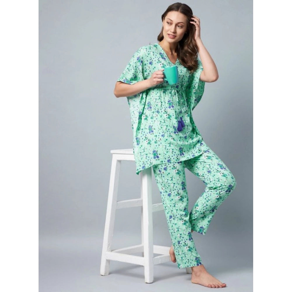HD Women's Rayon Floral Kaftan Sleeve Night Suit (Green - Blue)