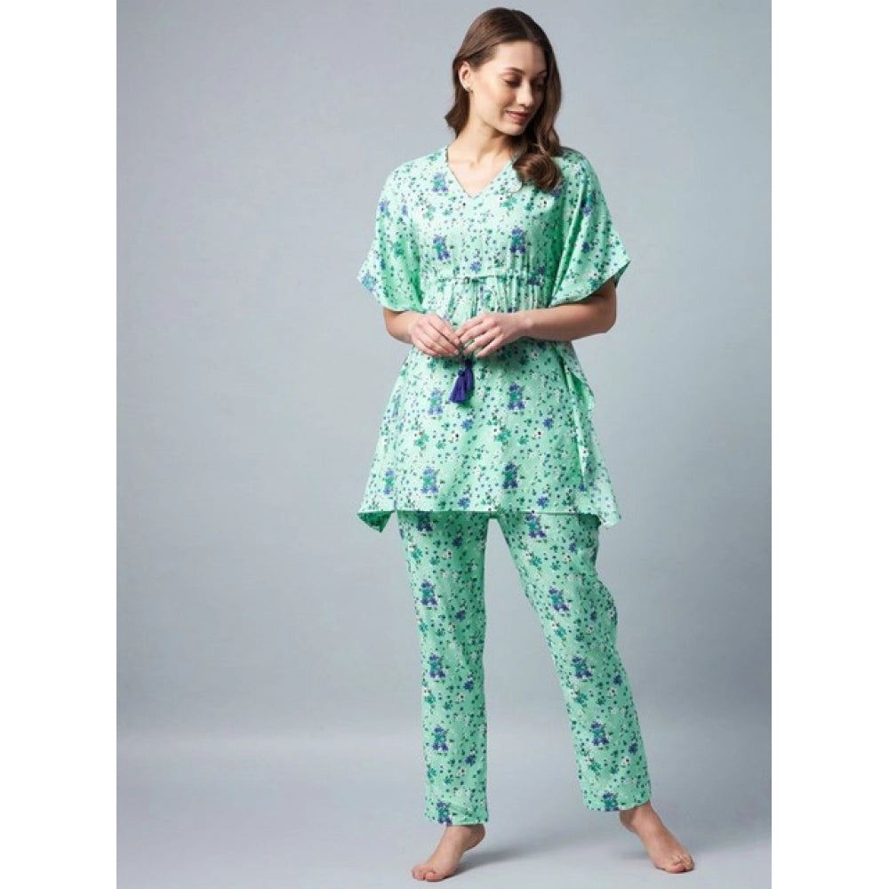 HD Women's Rayon Floral Kaftan Sleeve Night Suit (Green - Blue)