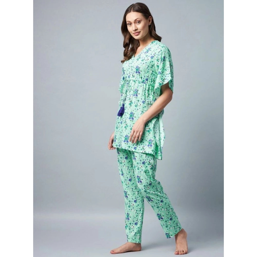 HD Women's Rayon Floral Kaftan Sleeve Night Suit (Green - Blue)