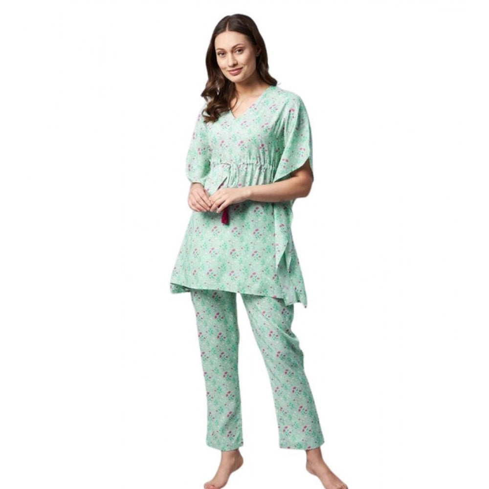 HD Women's Rayon Floral Kaftan Sleeve Night Suit (Green - Pink)