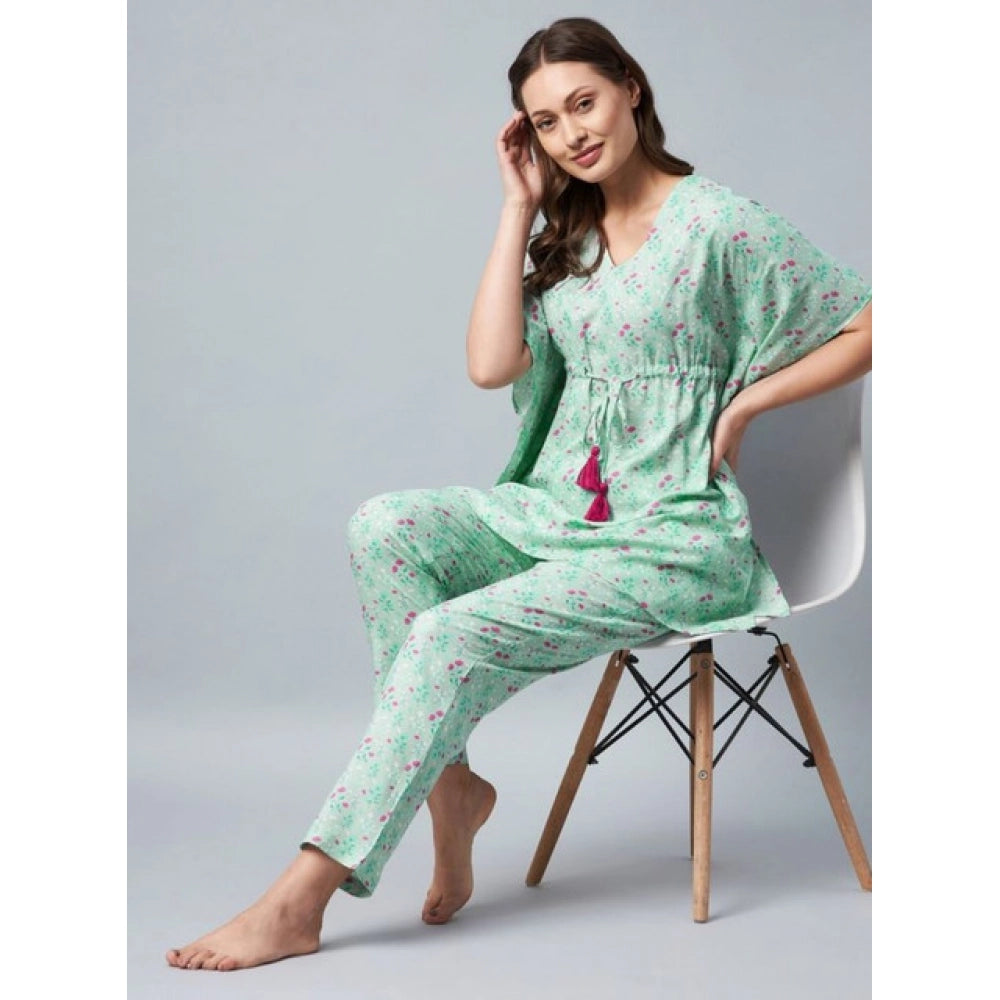 HD Women's Rayon Floral Kaftan Sleeve Night Suit (Green - Pink)