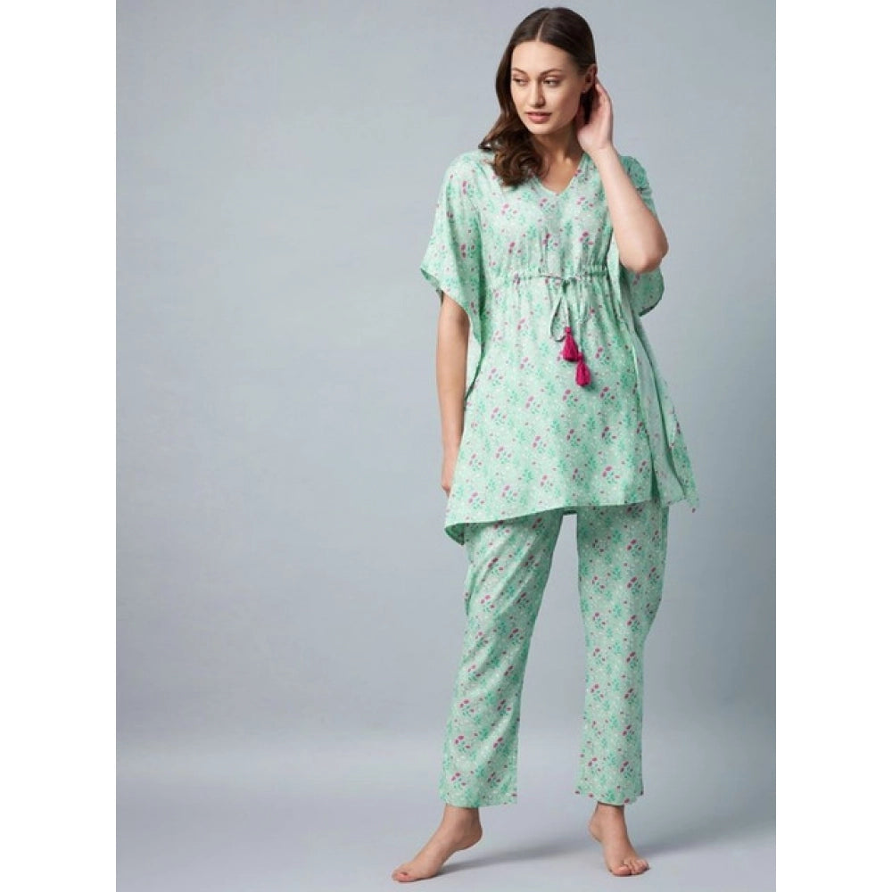HD Women's Rayon Floral Kaftan Sleeve Night Suit (Green - Pink)