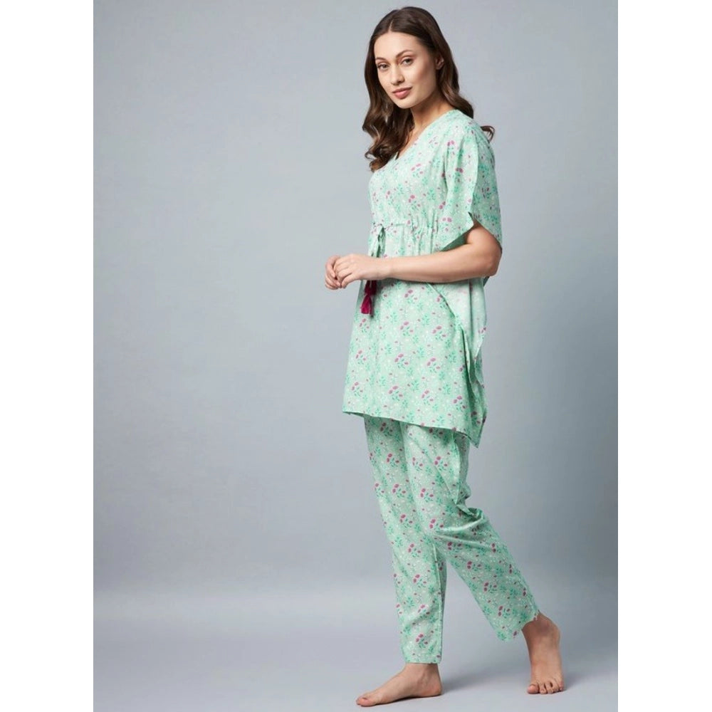 HD Women's Rayon Floral Kaftan Sleeve Night Suit (Green - Pink)