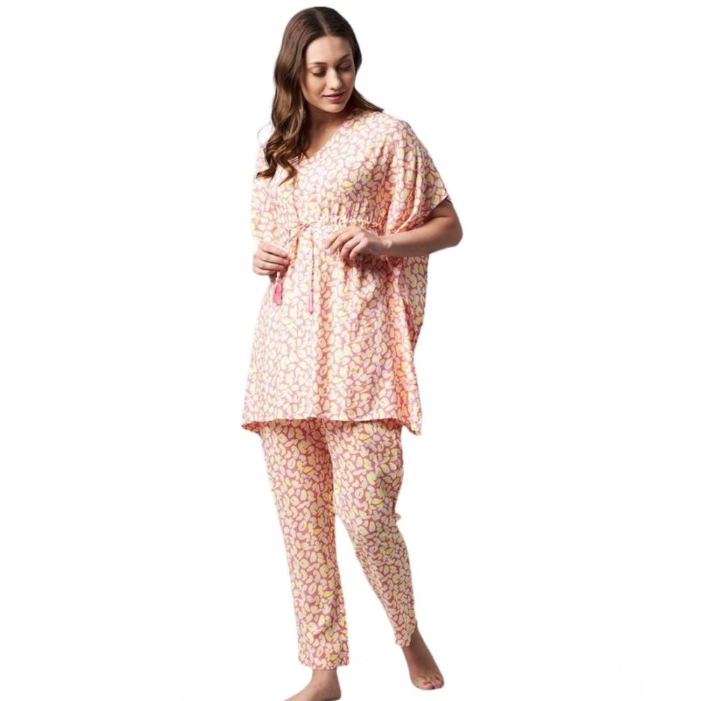 HD Women's Rayon Tie And Dye Kaftan Sleeve Night Suit (Multicolor)