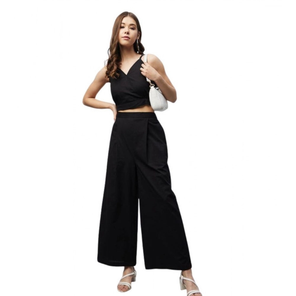 HD Women's Cotton Linen Solid Sleeveless Crop Top and Palazzo Set (Black)