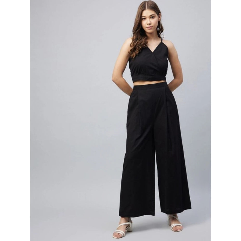 HD Women's Cotton Linen Solid Sleeveless Crop Top and Palazzo Set (Black)