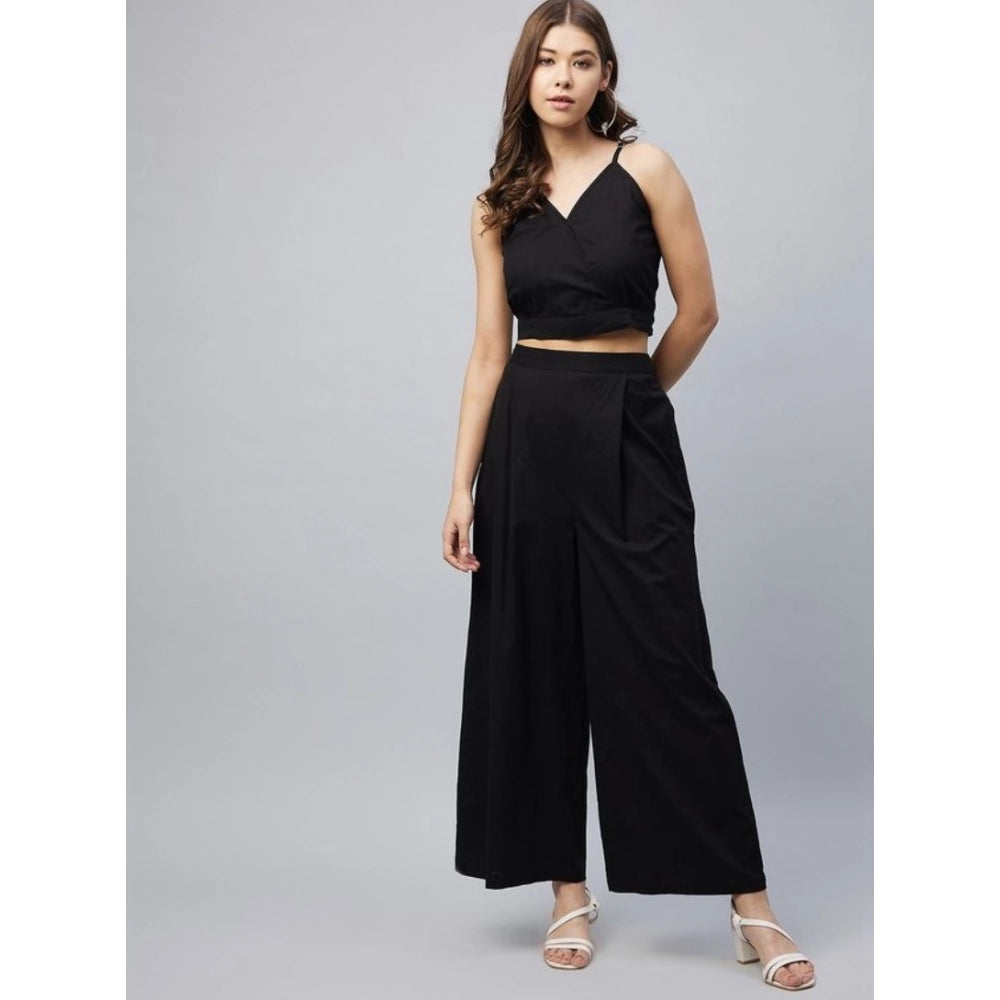 HD Women's Cotton Linen Solid Sleeveless Crop Top and Palazzo Set (Black)
