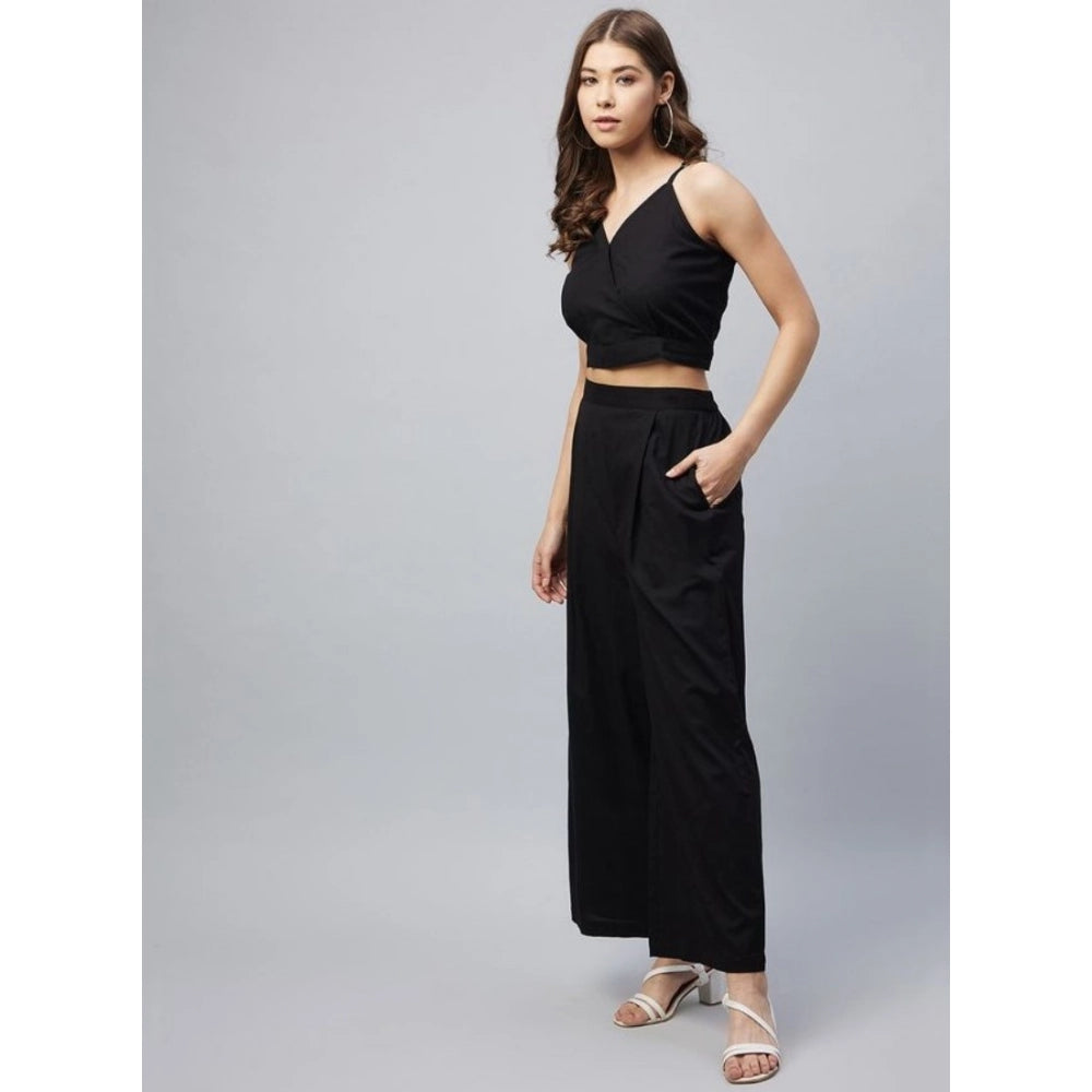 HD Women's Cotton Linen Solid Sleeveless Crop Top and Palazzo Set (Black)