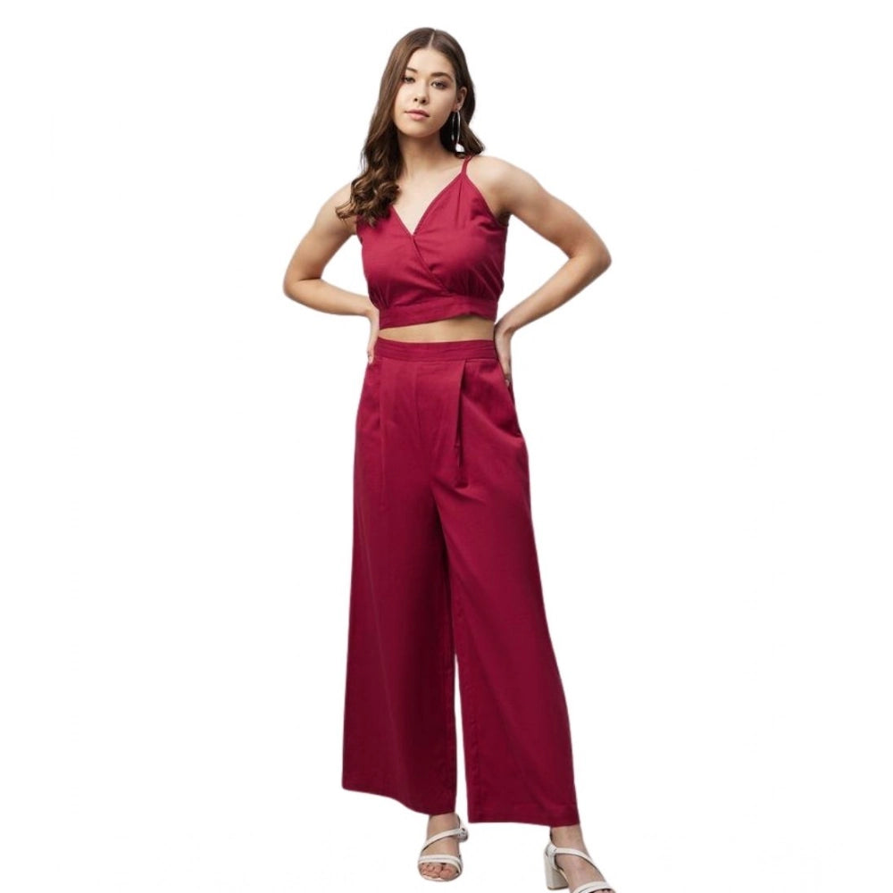 HD Women's Cotton Linen Solid Sleeveless Crop Top and Palazzo Set (Maroon)