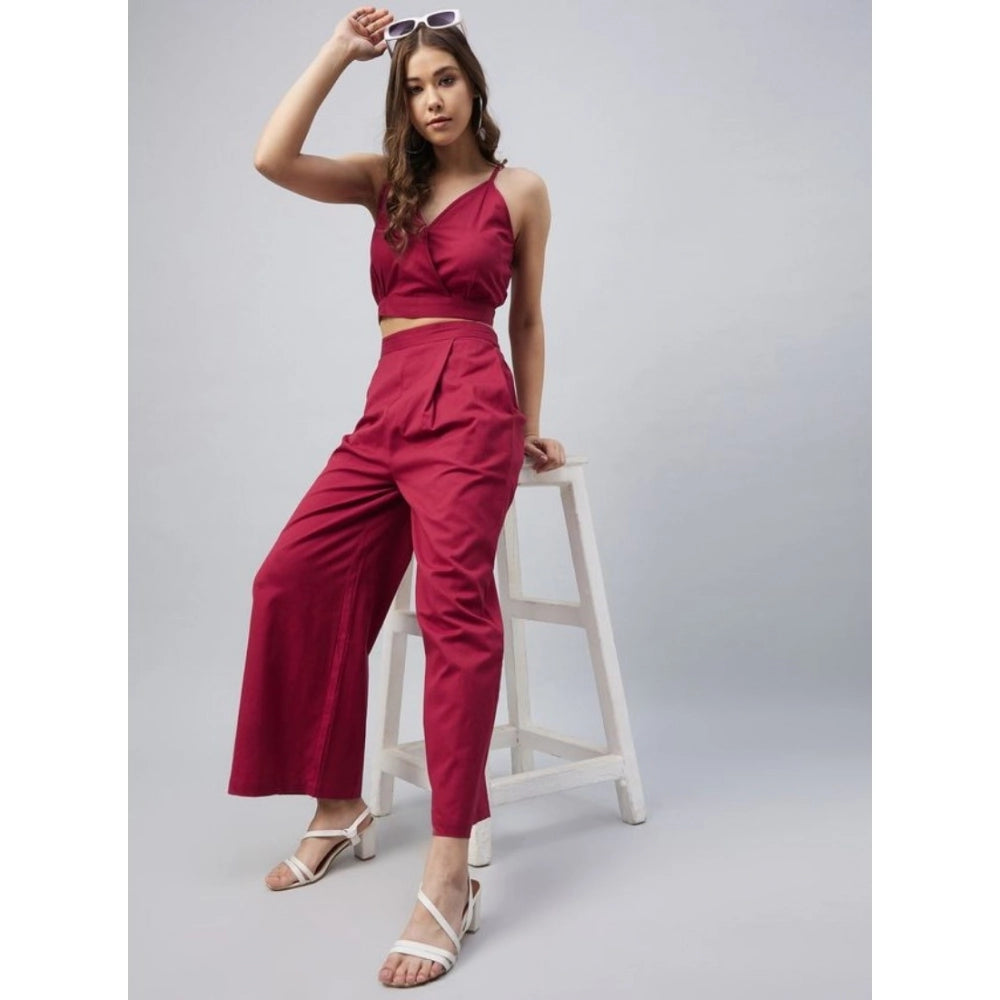 HD Women's Cotton Linen Solid Sleeveless Crop Top and Palazzo Set (Maroon)
