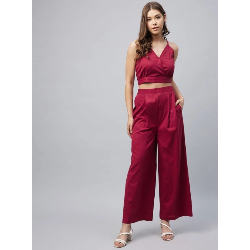 HD Women's Cotton Linen Solid Sleeveless Crop Top and Palazzo Set (Maroon)