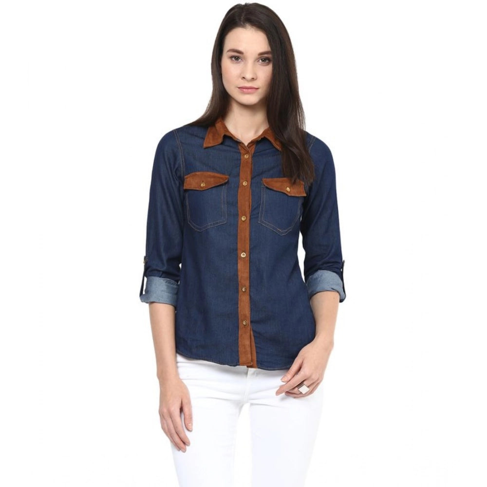 HD Women's Denim Cotton based Solid Long Sleeves Shirt (Blue)