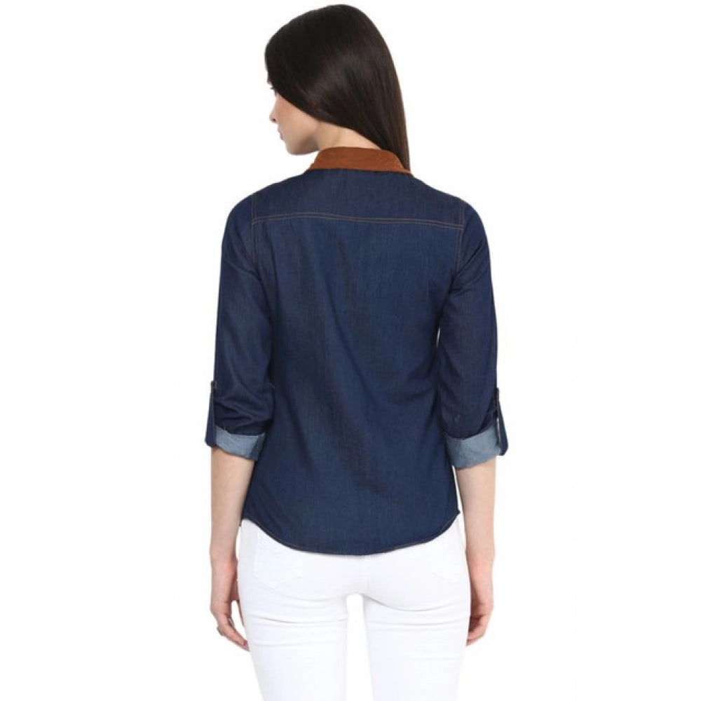 HD Women's Denim Cotton based Solid Long Sleeves Shirt (Blue)