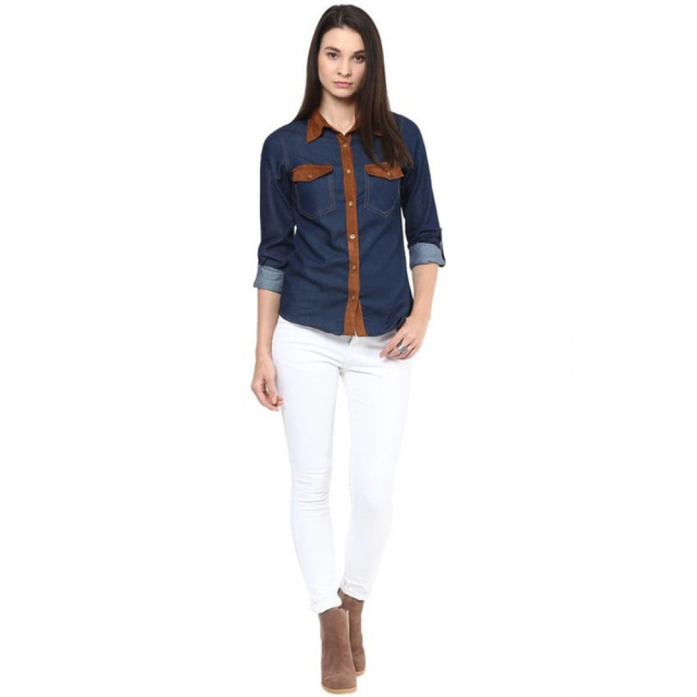 HD Women's Denim Cotton based Solid Long Sleeves Shirt (Blue)