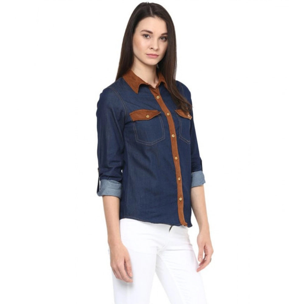 HD Women's Denim Cotton based Solid Long Sleeves Shirt (Blue)