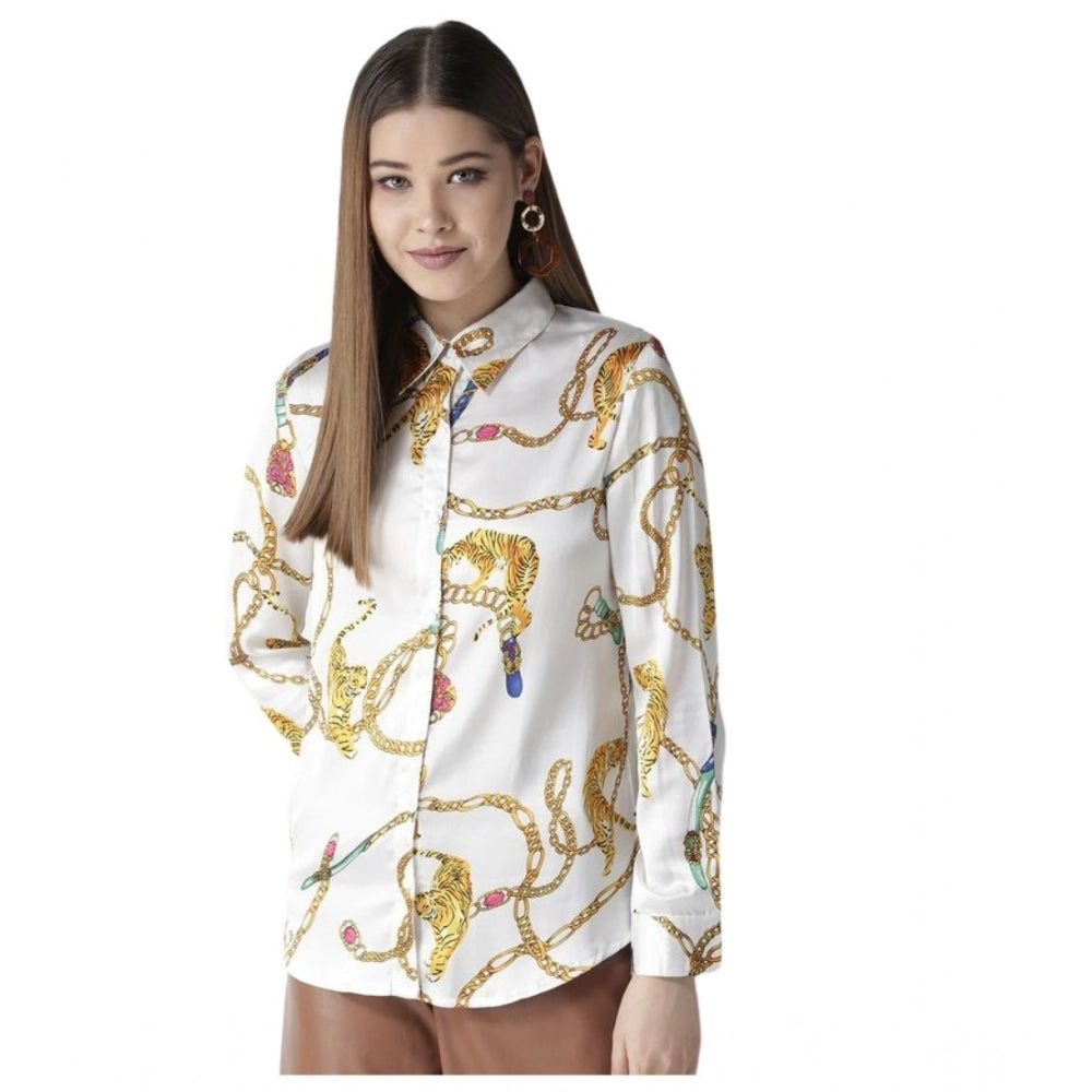 HD Women's Satin Printed Long Sleeves Shirt (White-Gold)