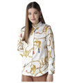 HD Women's Satin Printed Long Sleeves Shirt (White-Gold)