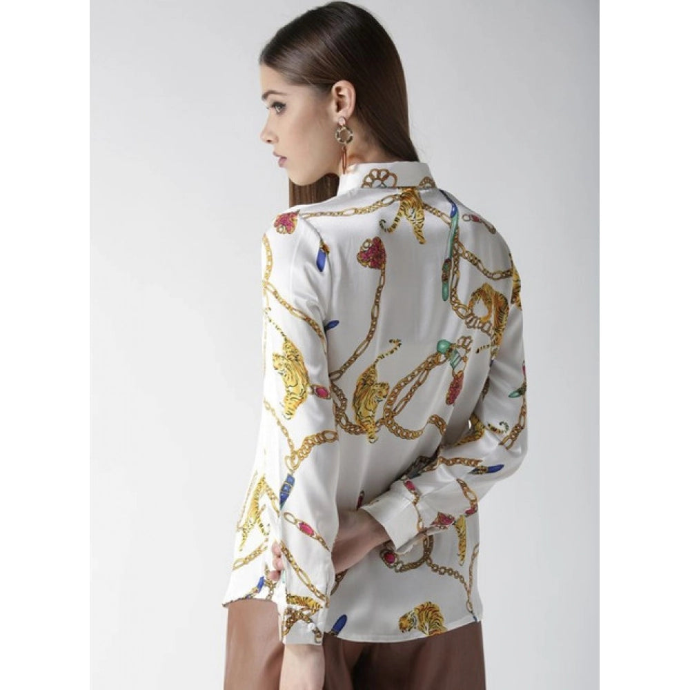 HD Women's Satin Printed Long Sleeves Shirt (White-Gold)