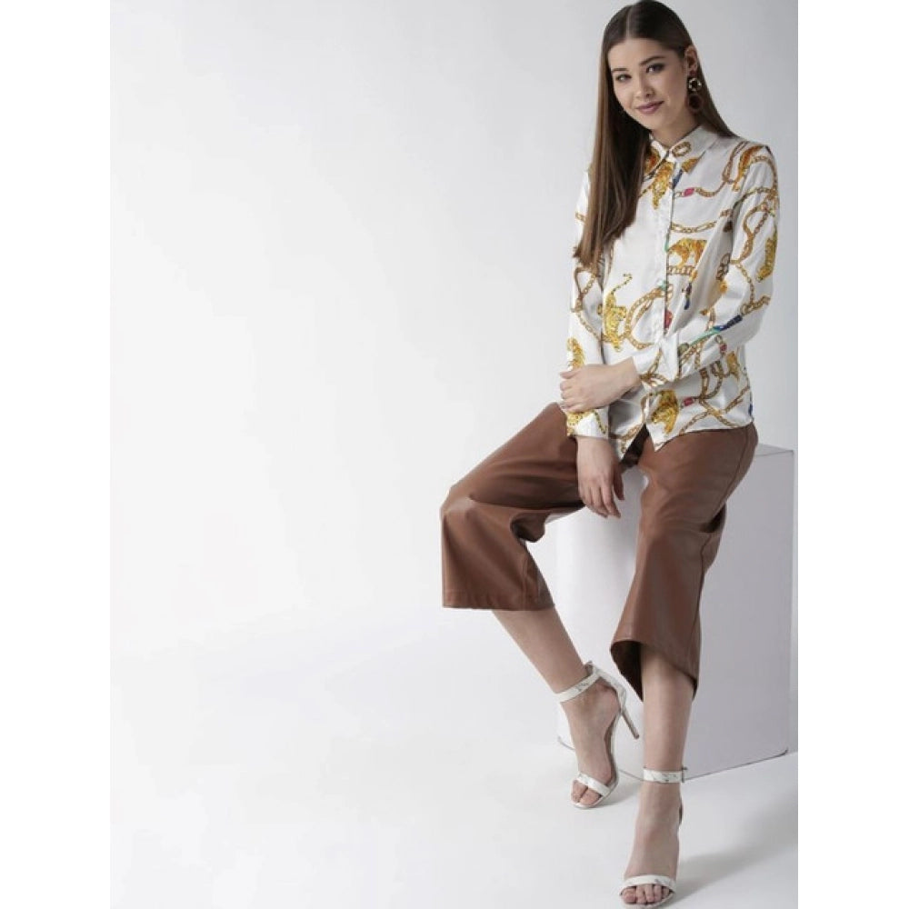 HD Women's Satin Printed Long Sleeves Shirt (White-Gold)