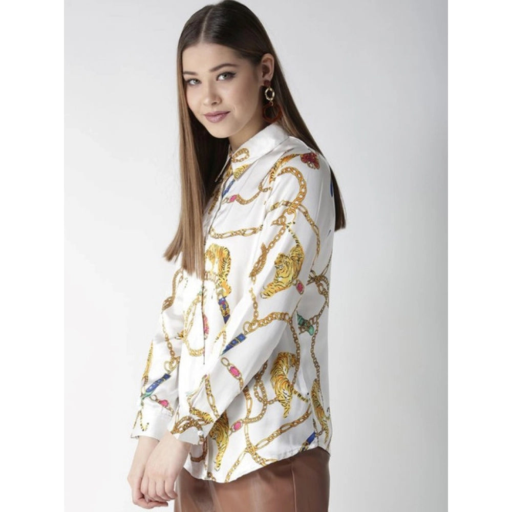 HD Women's Satin Printed Long Sleeves Shirt (White-Gold)