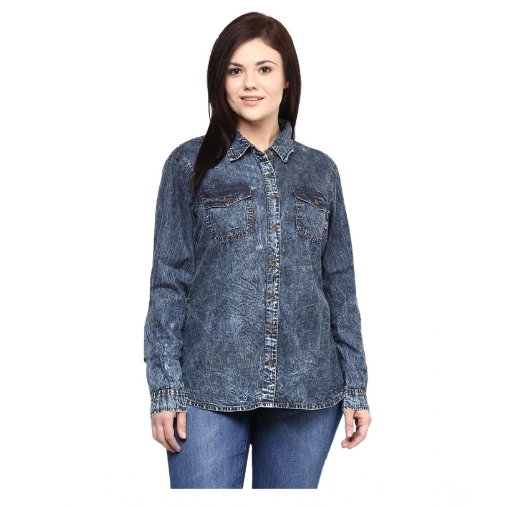HD Women's Denim Solid Long Sleeves Shirt (Blue)