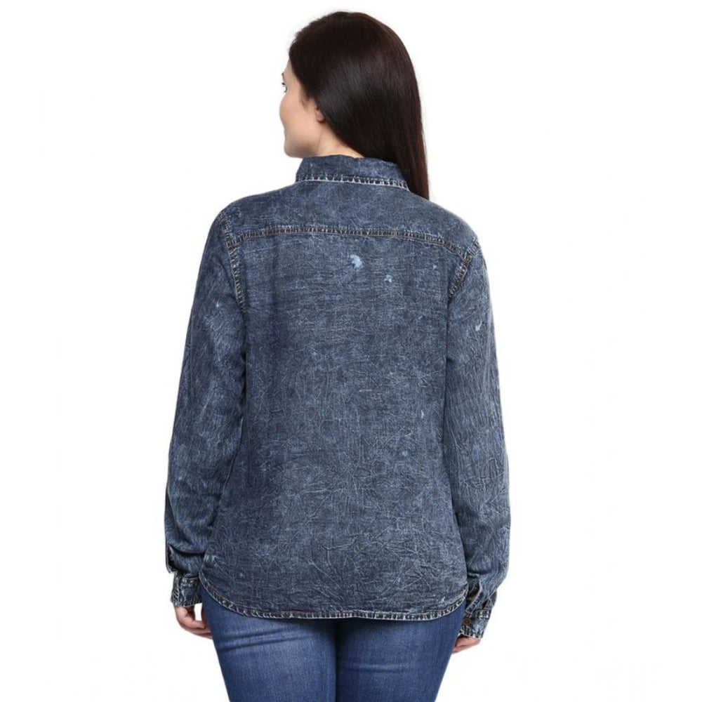 HD Women's Denim Solid Long Sleeves Shirt (Blue)
