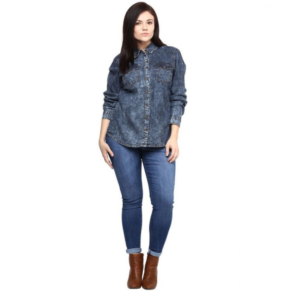 HD Women's Denim Solid Long Sleeves Shirt (Blue)