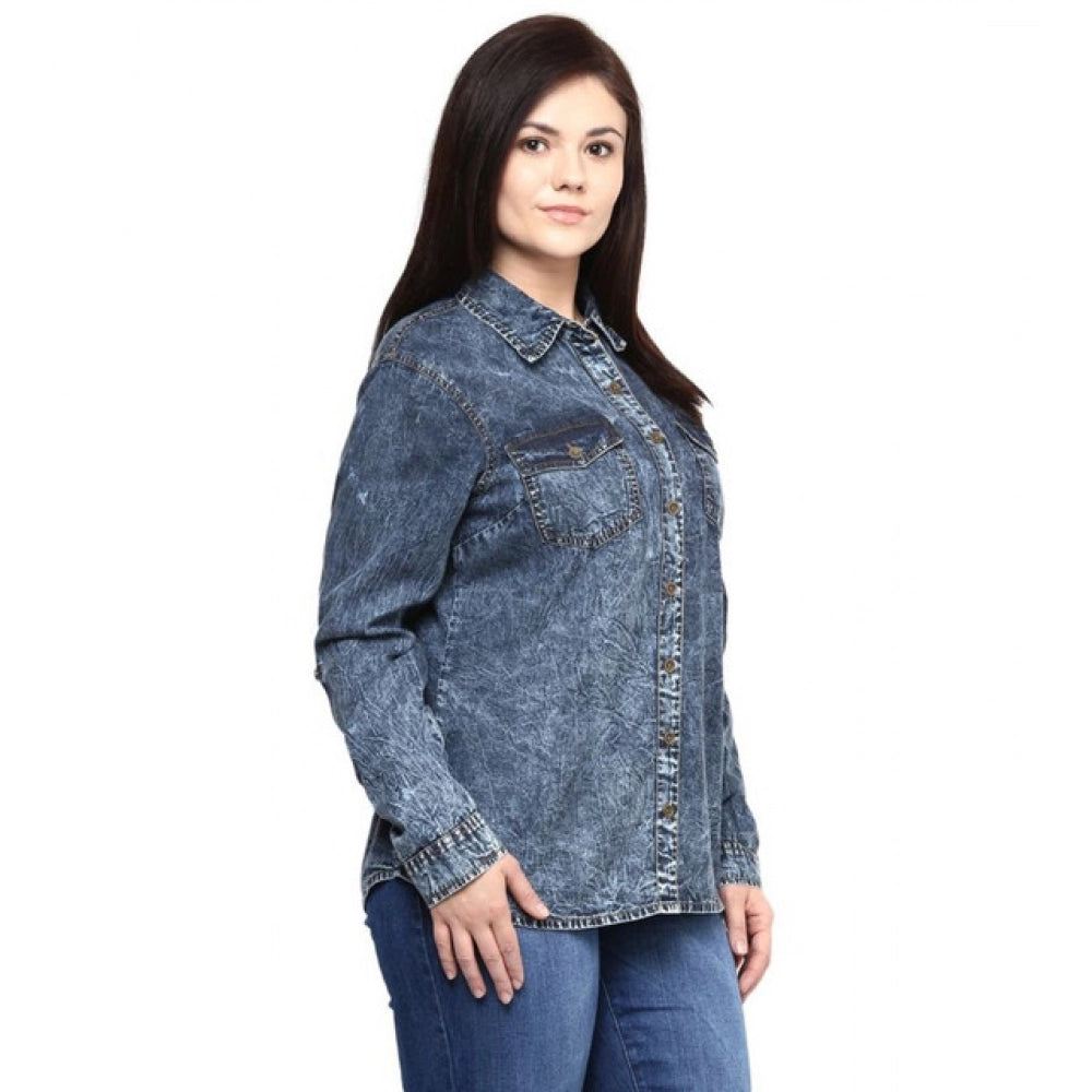 HD Women's Denim Solid Long Sleeves Shirt (Blue)