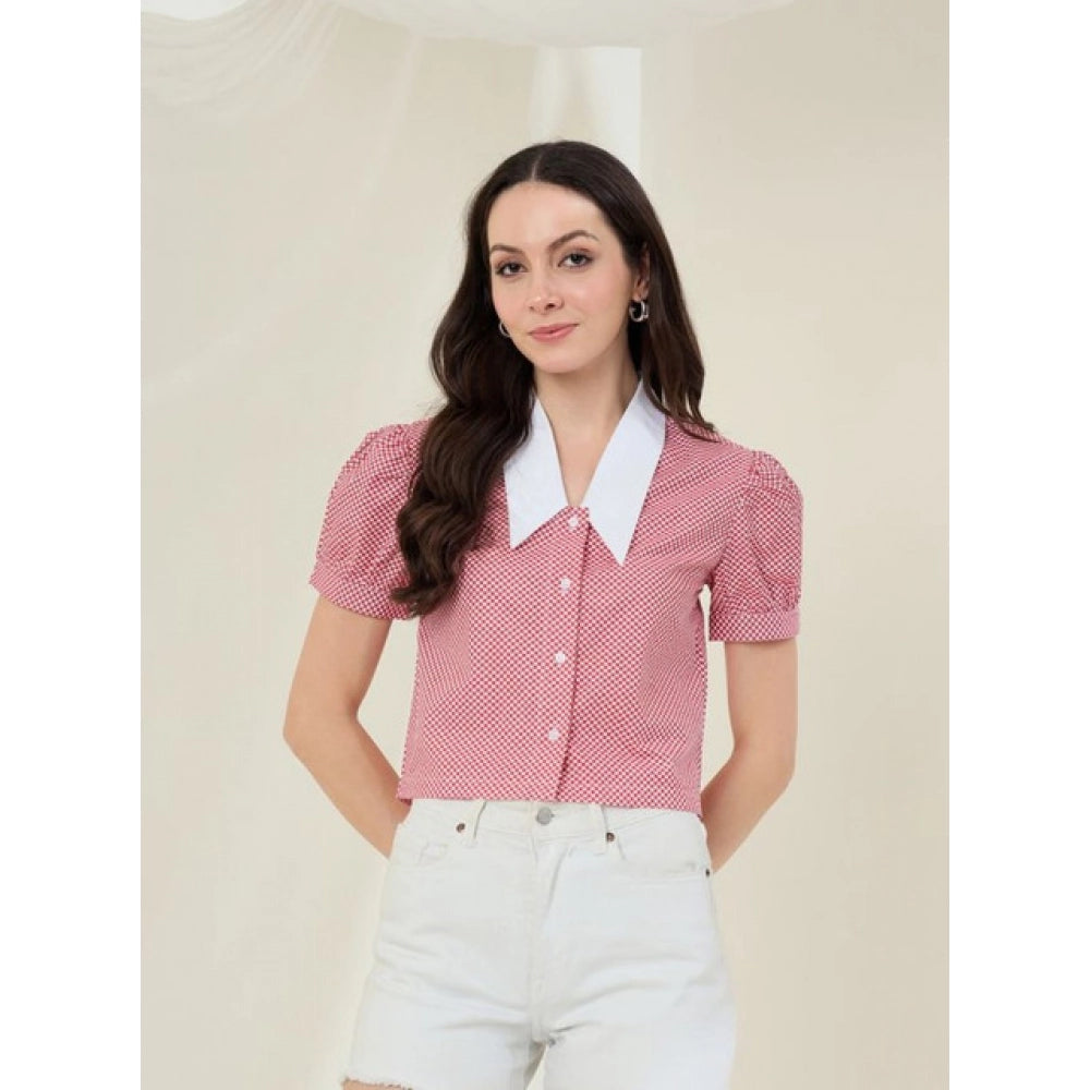 HD Women's Cotton Checkered Half Sleeve Shirt (Red - White)