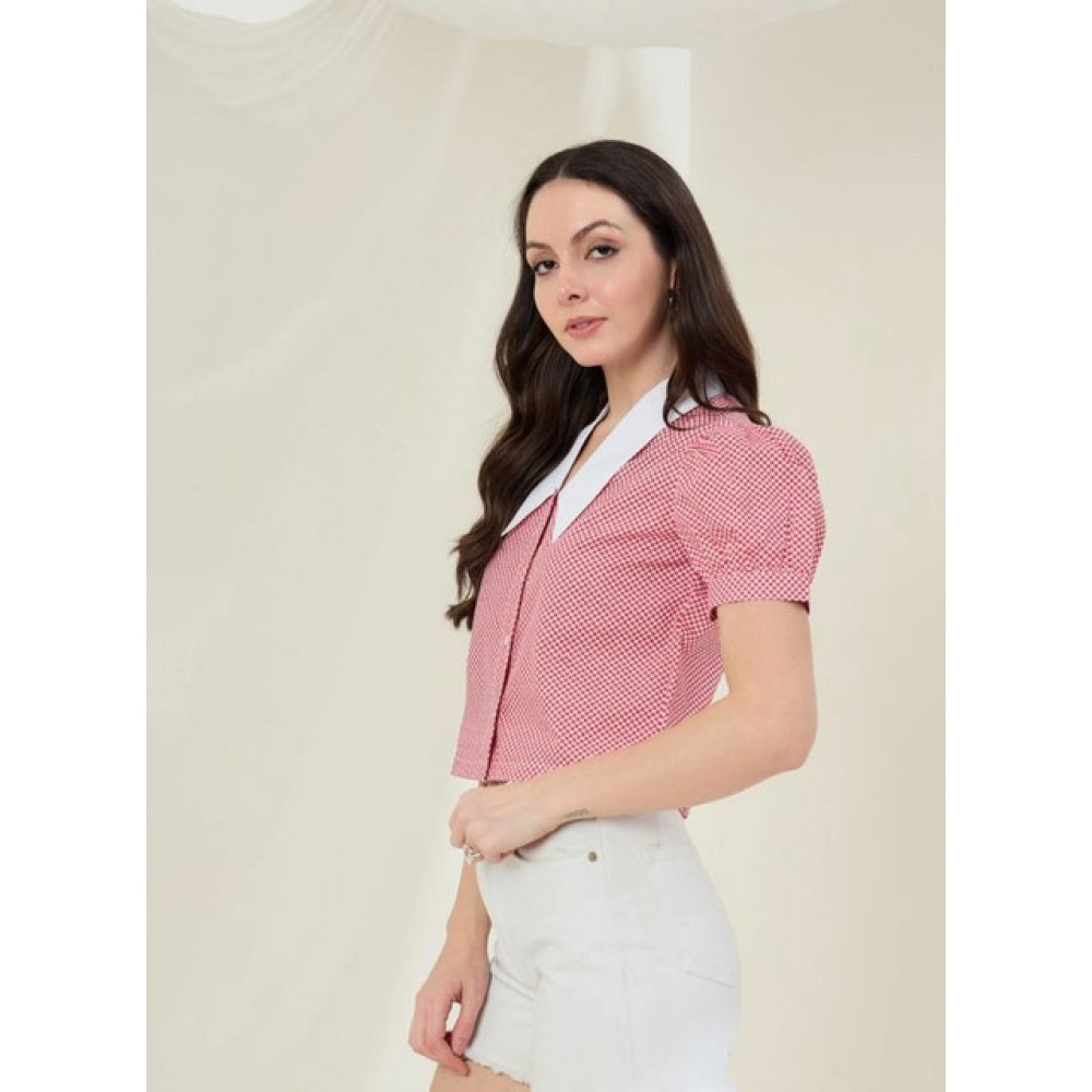 HD Women's Cotton Checkered Half Sleeve Shirt (Red - White)
